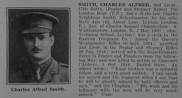 Smith C A 2nd Lt 17th London Regiment (Poplar & Stepney Rifles) Obit De Ruvignys Roll Of Honour Vol 3