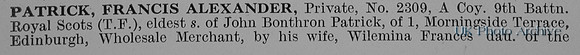 Patrick F A Pte 2309 9th Royal Scots Obit Part 1 De Ruvignys Roll Of Honour Vol 1