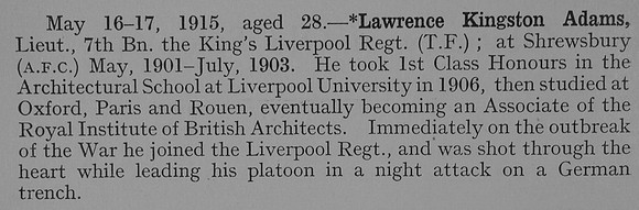 Adams L K Lt 7th Kings Liverpool Regiment Obit Shrewsbury School Roll Of Service