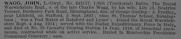 Wagg J L/Cpl 243117 6th Royal Warwickshire Regiment Obit De Ruvignys Roll Of Honour Vol 4