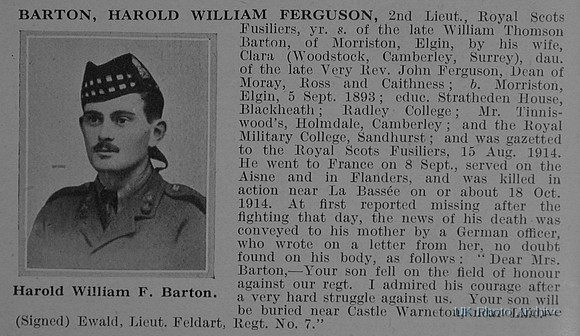 Barton H W F 2nd Lt 1st Royal Scots Fusiliers Obituary De Ruvignys Roll Of Honour Vol 1