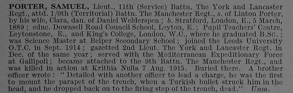 Porter S Lt 11th York & Lancaster Regiment Attd 9th Manchester Regiment Obit De Ruvignys Roll Of Honour Vol 4