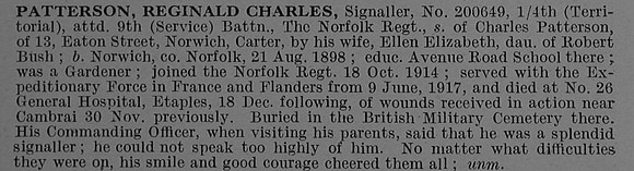 Patterson R C Sig 200649 4th Attd 9th Norfolk Regiment Obit De Ruvignys Roll Of Honour Vol 4