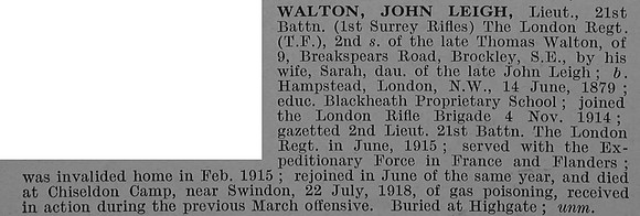 Walton J L Lt 21st London Regiment Obit De Ruvignys Roll Of Honour Vol 4