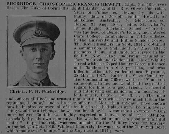 Puckridge C F H Captain 3rd Duke Of Cornwalls Light Infantry Obit De Ruvignys Roll Of Honour Vol 3