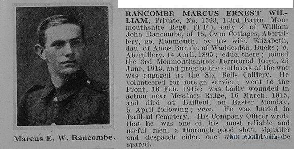 Rancombe M E W Pte 3rd Monmouthshire Regt Obit De Ruvignys Roll Of Honour Vol 1