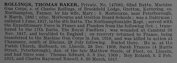 Rollings T B Pte 147081 Machine Gun Corps Obit De Ruvignys Roll Of Honour Vol 4