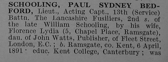 Schooling P S B Lt 13th Lancashire Fusiliers Obit Part 1 De Ruvignys Roll Of Honour Vol 4