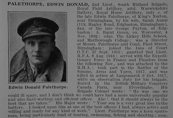 Palethorpe E D 2nd Lt Royal Field Artillery Obit De Ruvignys Roll Of Honour Vol 5