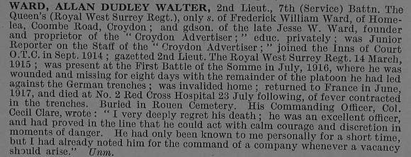 Ward A D W 2nd Lt 7th Queen's Royal West Surrey Regiment Obit De Ruvignys Roll Of Honour Vol 4