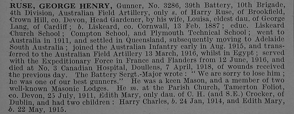 Ruse G H Gnr 3286 Australian Field Artillery Obit De Ruvignys Roll Of Honour Vol 4