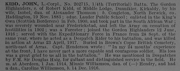 Kidd J L/Cpl 202715 4th Gordon Highlanders Obit De Ruvignys Roll Of Honour Vol 4
