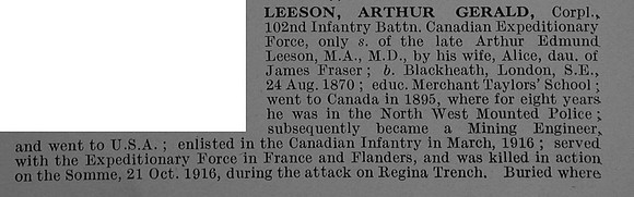 Leeson A G Cpl 704076 102nd Canadian Infantry (Central Ontario Regiment) Obit Part 1 De Ruvignys Roll Of Honour Vol 4