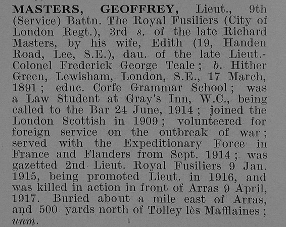 Masters G Lt 9th Royal Fusiliers Obit De Ruvignys Roll Of Honour Vol 5