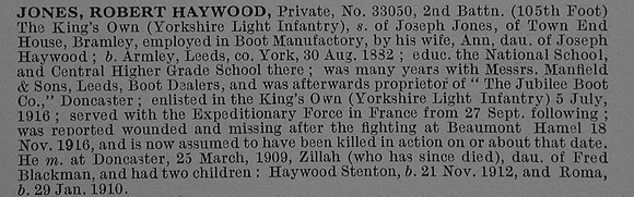 Jones R H Pte 33050 2nd Kings Own Yorkshire Light Infantry Obit De Ruvignys Roll Of Honour Vol 4