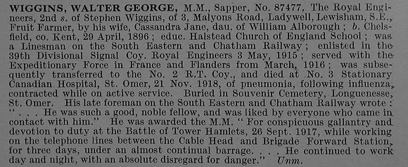 Wiggins W G Sapper MM 87477 Royal Engineers Obit De Ruvignys Roll Of Honour Vol 4