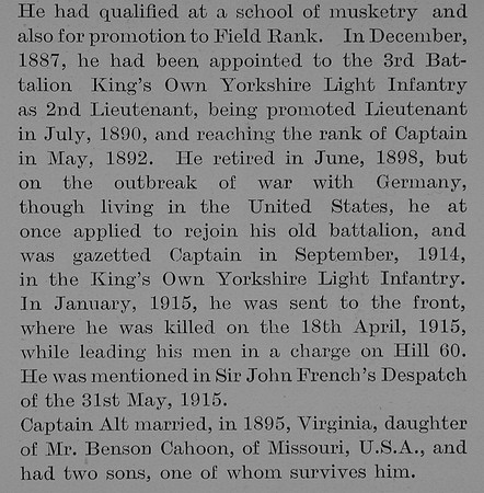 Alt G E Captain 2nd Kings Own Yorkshire Light Infatry Obit Part 2 The Bond Of Sacrifice Vol 2