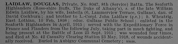 Laidlaw D Pte 8047 8th Seaforth Highlanders Obit De Ruvignys Roll Of Honour Vol 4