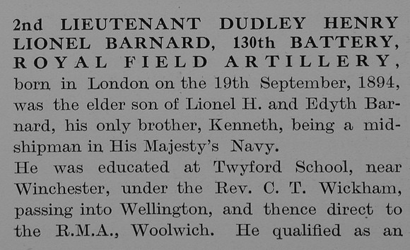 Barnard D H L 2nd Lt Royal Field Artillery Obit Part 1 The Bond Of Sacrifice Vol 2