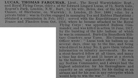 Lucas T F Lt Royal Warwickshire Regiment Attd Royal Flying Corps Obit De Ruvignys Roll Of Honour Vol 4
