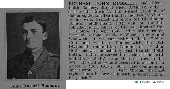 Benham J R 2nd Lt Royal Field Artillery Obituary De Ruvignys Roll Of Honour Vol 1