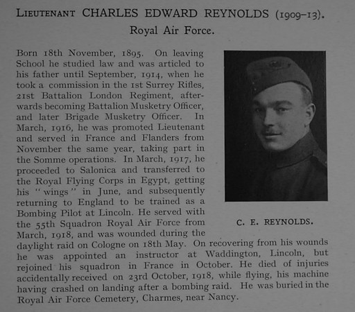 Reynolds C E Lt Royal Air Force Obit Dulwich College Roll Of Honour
