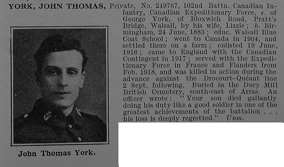York J T Pte 249767 102nd Canadian Infantry (Central Ontario Regiment) Obit De Ruvignys Roll Of Honour Vol 4