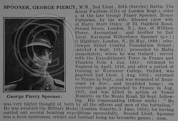 Spooner G P 2nd Lt MM 26th Royal Fusiliers Obit De Ruvignys Roll Of Honour Vol 4