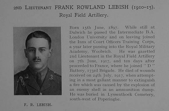 Lebish F R 2nd Lt Royal Field Artillery Obit Dulwich College Roll Of Honour