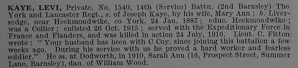 Kaye L Pte 1540 14th York & Lancaster Regiment Obit De Ruvignys Roll Of Honour Vol 4