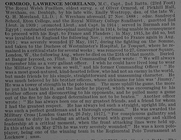 Ormrod L M Captain MC 2nd Royal Welsh Fusiliers Obit De Ruvignys Roll Of Honour Vol 4