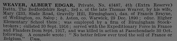 Weaver A E Pte 43487 4th Bedfordshire Regiment Obit De Ruvignys Roll Of Honour Vol 4