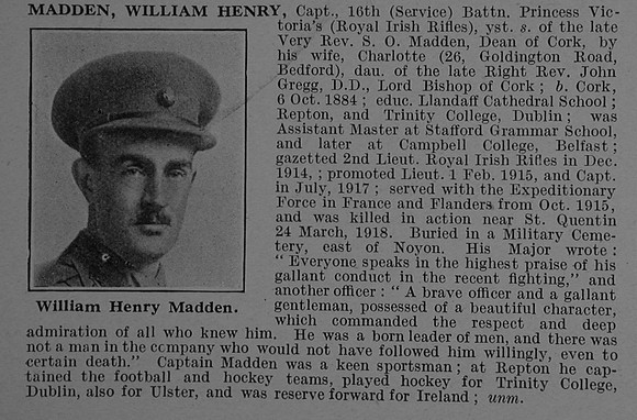 Madden W H Captain 16th Royal Irish Rifles Obit De Ruvignys Roll Of Honour Vol 4