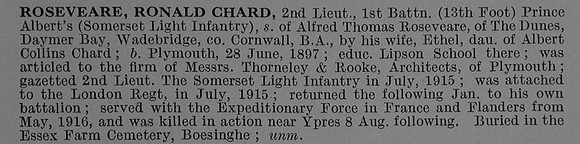 Roseveare R C 2nd Lt 1st Somerset Light Infantry Obit De Ruvignys Roll Of Honour Vol 4