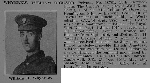 Whybrew W R Pte 18781 11th Queens Own Royal West Kent Regiment Obit De Ruvignys Roll Of Honour Vol 3
