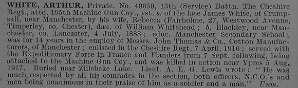White A Pte 49659 13th Cheshire Regiment Obit De Ruvignys Roll Of Honour Vol 4