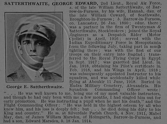 Satterthwaite G E 2nd Lt Royal Air Force Obit De Ruvignys Roll Of Honour Vol 4