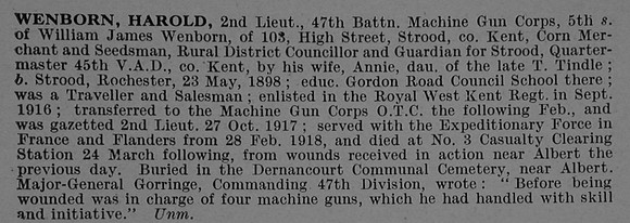 Wenborn H 2nd Lt Machine Gun Corps Obit De Ruvignys Roll Of Honour Vol 4