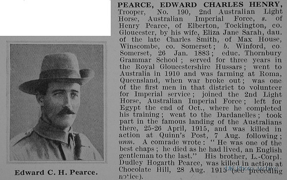 Pearce E C H Tpr 190 2nd Australian Light Horse Obit De Ruvignys Roll Of Honour Vol 1
