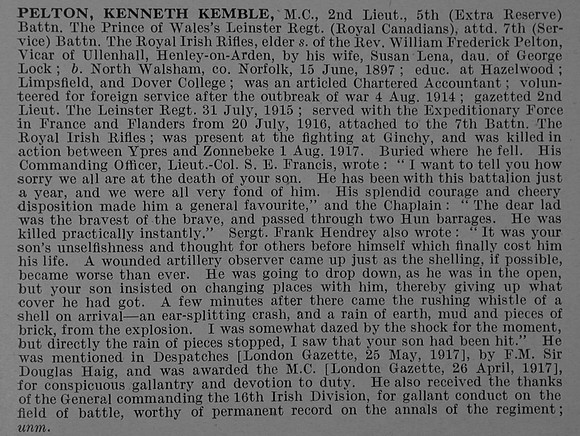 Pelton K K 2nd Lt MC 5th Leinster Regiment Attd 7th Royal Irish Rifles Obit De Ruvignys Roll Of Honour Vol 4