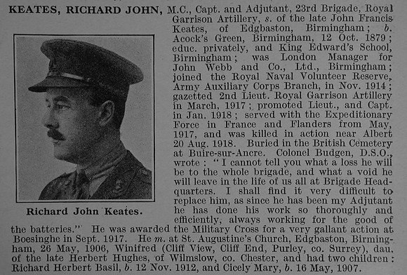 Keates R J Captain MC Royal Garrson Artillery Obit De Ruvignys Roll Of Honour Vol 4