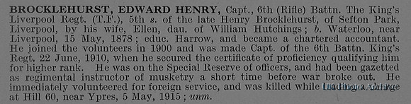 Brocklehurst E H Captain 6th Kings Liverpool Regiment Obituary De Ruvignys Roll Of Honour Vol 1