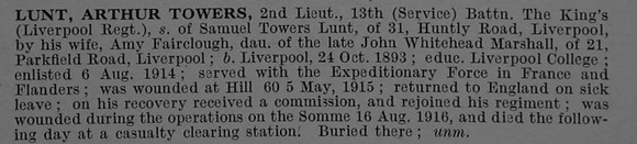 Lunt A T 2nd Lt 13th Kings Liverpool Regiment Obit De Ruvignys Roll Of Honour Vol 4