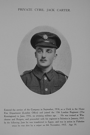 Carter C J Pte 13th London Regiment Northern Assurance Co War Record
