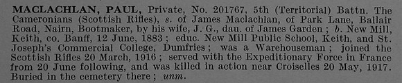 MacLachlan P Pte 201767 5th Cameronians Obit De Ruvignys Roll Of Honour Vol 4