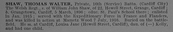 Shaw T W Pte 23433 16th Welsh Regiment Short Obit De Ruvignys Roll Of Honour Vol 4