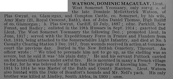 Watson D M Lt West Somerset Yeomanry Obit De Ruvignys Roll Of Honour Vol 4