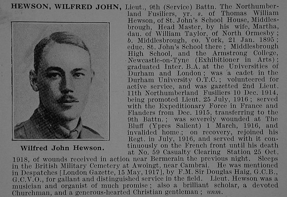 Hewson W J Lt 9th Northumberland Fusiliers Obit De Ruvignys Roll Of Honour Vol 5