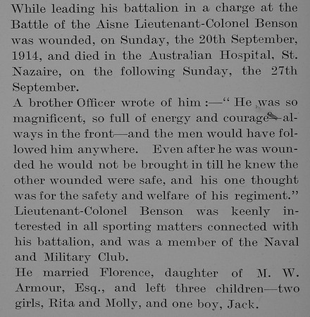 Benson R E Lt Col 1st East Yorkshire Regiment Obit Part 3 The Bond Of Sacrfice Vol 1