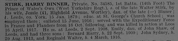 Stirk H B Pte 34585 1st West Yorkshire Regiment Obit De Ruvignys Roll Of Honour Vol 4